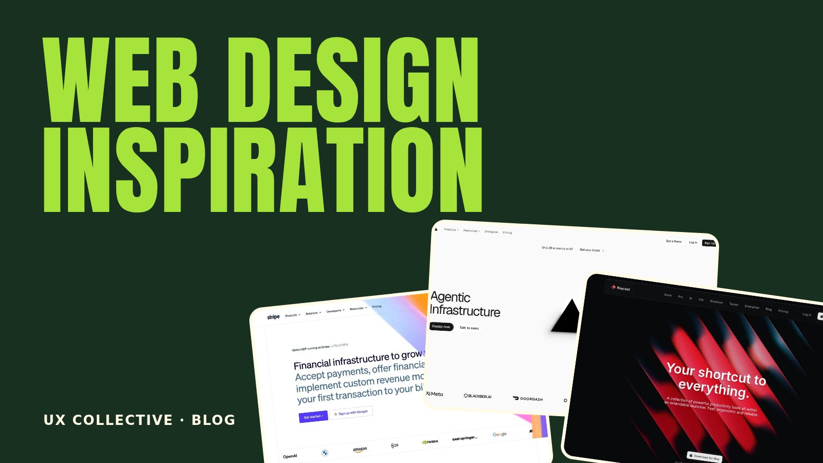 Three website screenshots on a green background under the title Web Design Inspiration